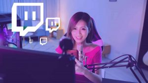 Young girl livestreaming with a microphone and a camera, cover of the guide on 'How to Get Started on Twitch.'