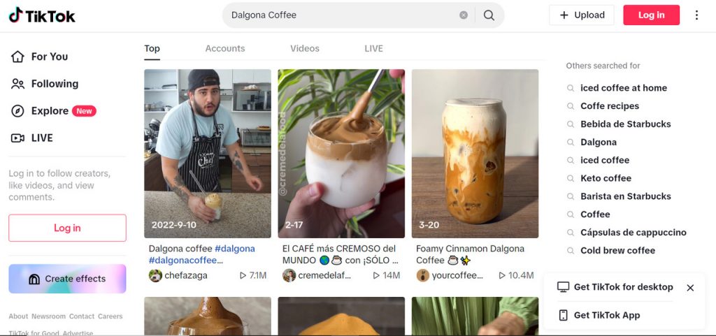 a screenshot of the TikTok web app showing the Dalgona Coffee trend and the million TikTok views that the top creators got from this trend.
