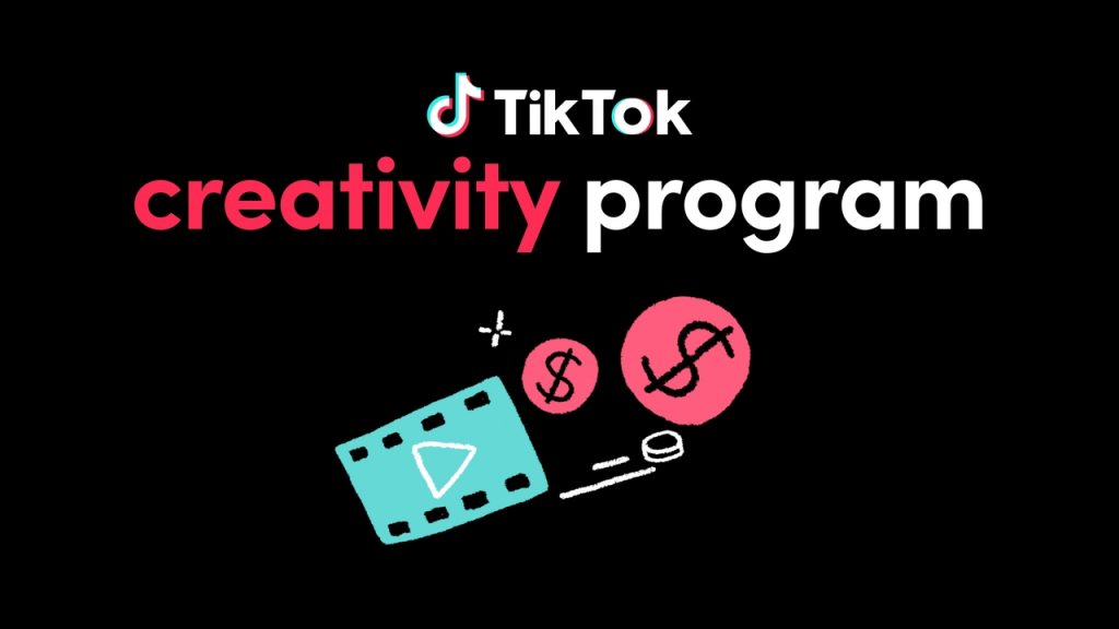 TikTok Creativity Program banner with black background and some $ and video illustrations.
