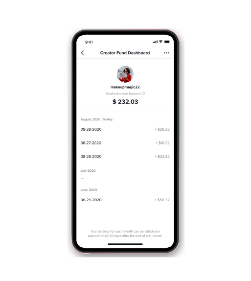a screenshot of a mobile phone showing the TikTok creator fund information and earning on the TikTok app dashboard.