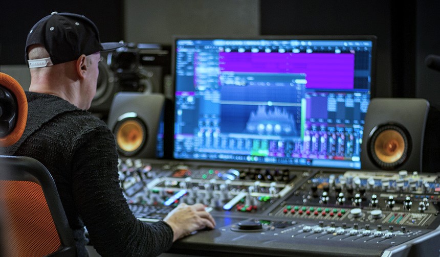 A producer in front of a mixing desk, composing to get Spotify plays
