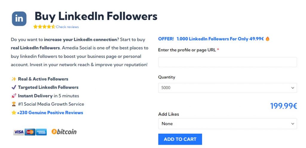 Amedia Social service about buying Linkedin followers