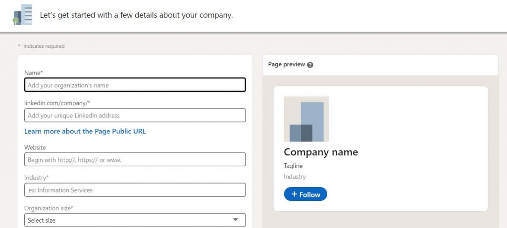 Steps of creating business page on Linkedin- filling company's information
