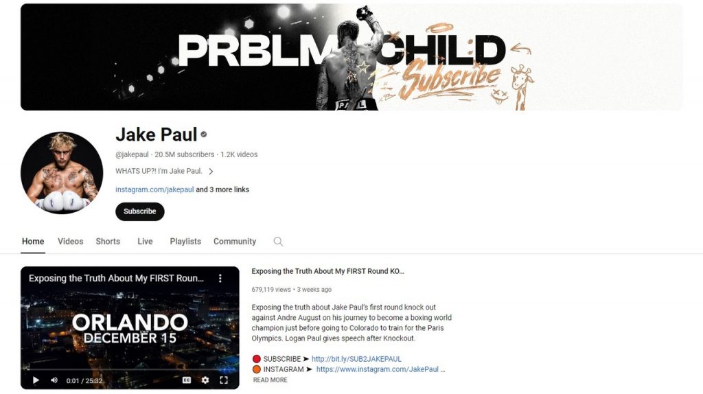 Home page image of Jake Paul's YouTube channel of the blog titled "who earns the most on youtube"