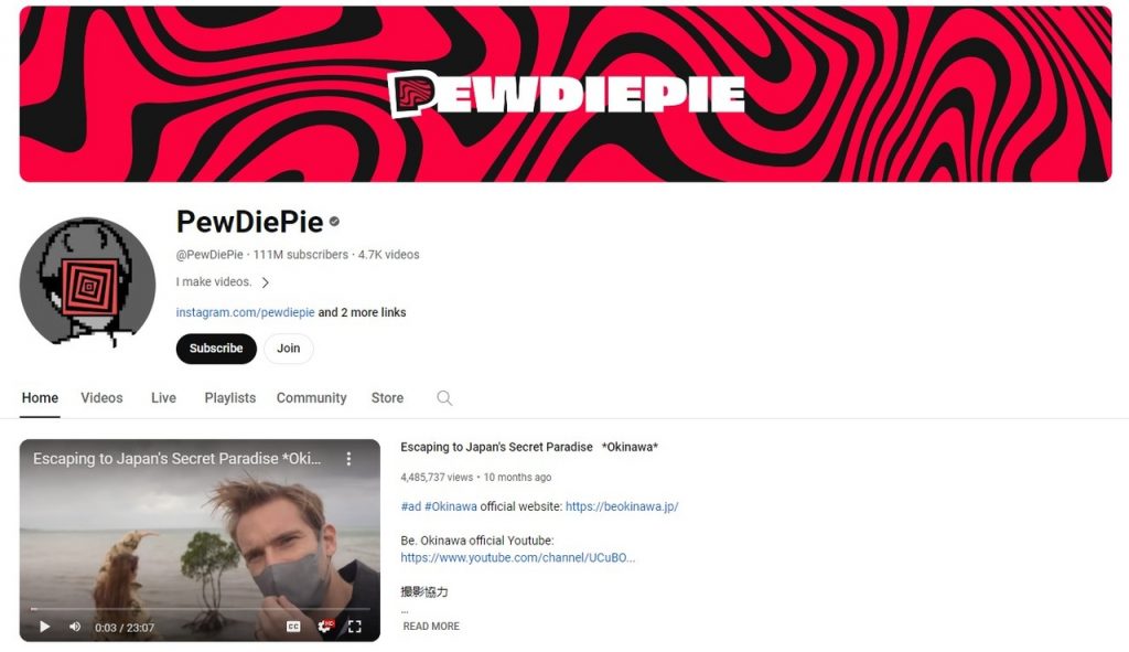 Home page image of PewDiePie's YouTube channel of the blog titled "who earns the most on youtube"