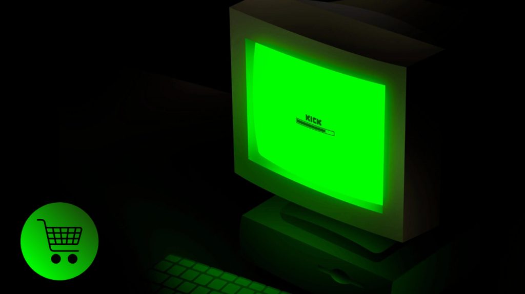 Post image of a computer with the word Kick written on it and a shopping cart