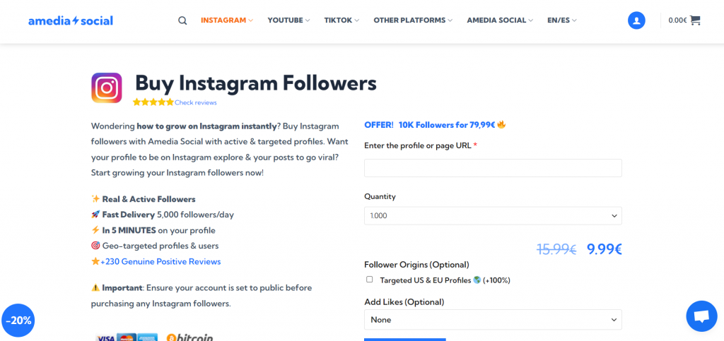 A screenshot from AmediaSocial's service about buying Instagram followers