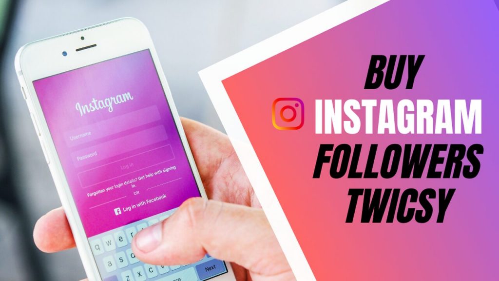 a blog post cover with a n image of a hand holding a smartphone working with Instagram app and a title on the right side that says "Buy Instagram Followers Twicsy"