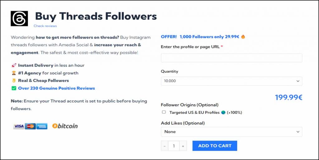 Amedia Social service page about buying Threads followers