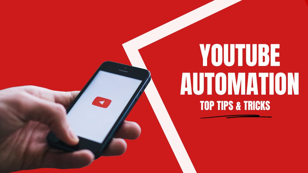 a blog post cover for how to do YouTube automation with a picture of a hand opening YouTube app on mobile on the left side of the image.