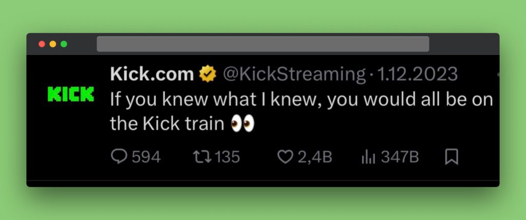 kickcommunity tweet says "if you knew what i knew you would be on the kick train" with an eyes emoji