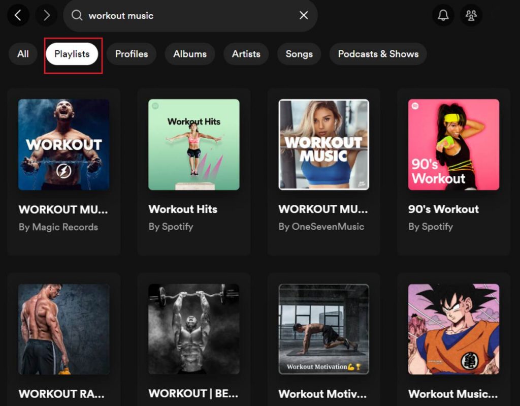 a screenshot of the Spotify desktop app showing the top workout playlists
