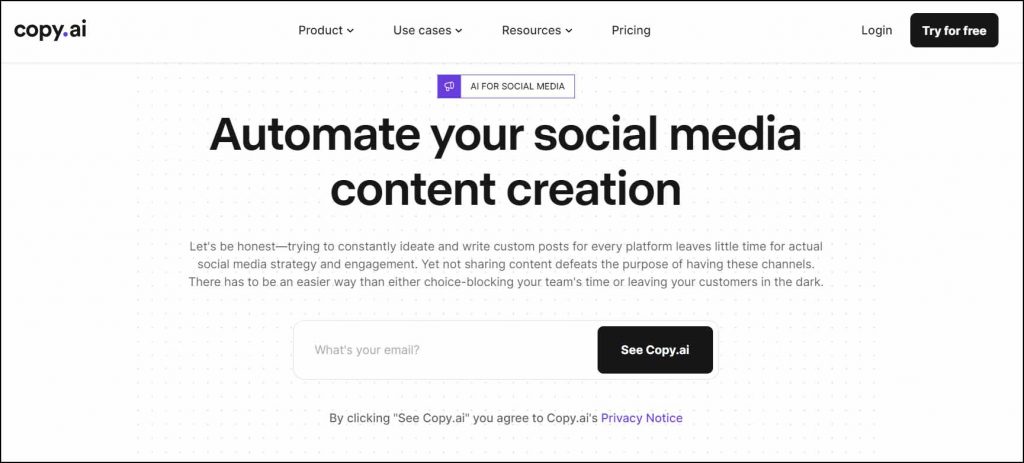 copy.ai tool for social media