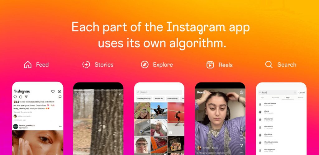 an image showing different types of ranking for different products of Instagram like feed, stories, explore, reels and search with some screenshots of each sections showing below the text